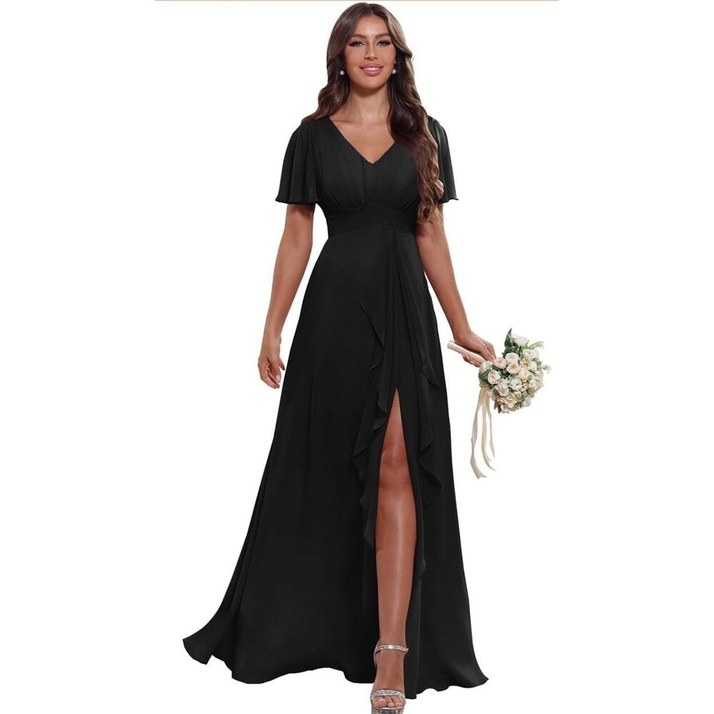 Cap Sleeve Chiffon Long Formal Dress With Slit size 10